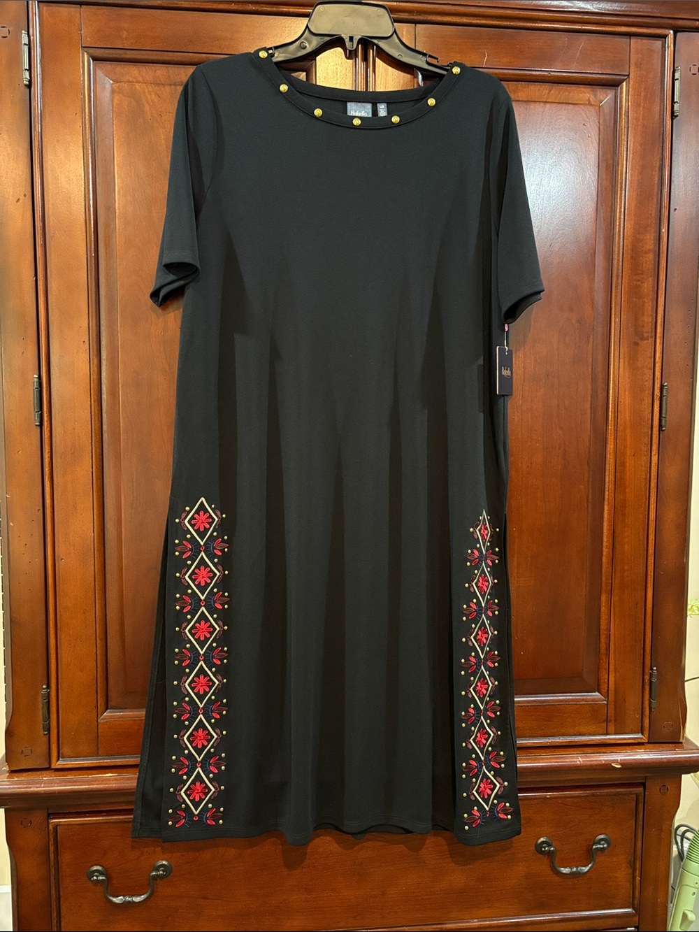 Rafaella Black Short-Sleeve Dress with Pink and Red Embroidered Panels